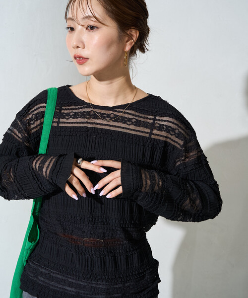 FREAK'S STORE(フリークスストア)の「限定展開 フラワー フリル ボーダー レース トップス(Tシャツ/カットソー・レディース・ブラック/オフホワイト・フリ-)」の1枚目の写真