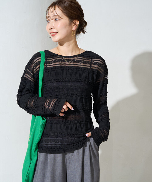 FREAK'S STORE(フリークスストア)の「限定展開 フラワー フリル ボーダー レース トップス(Tシャツ/カットソー・レディース・ブラック/オフホワイト・フリ-)」の3枚目の写真
