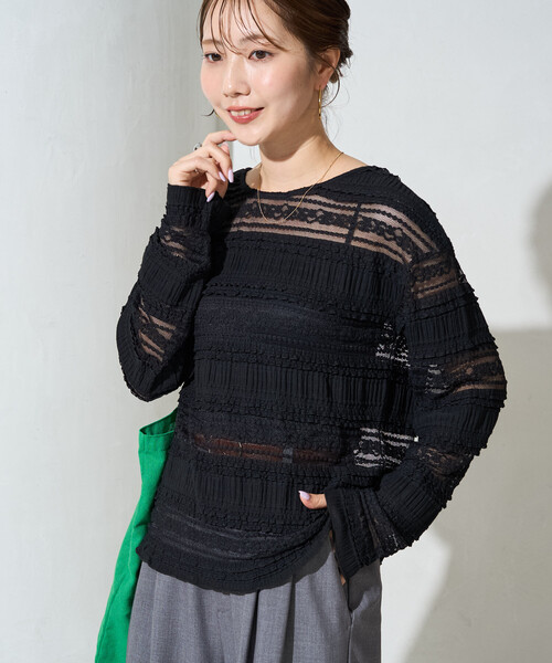 FREAK'S STORE(フリークスストア)の「限定展開 フラワー フリル ボーダー レース トップス(Tシャツ/カットソー・レディース・ブラック/オフホワイト・フリ-)」の4枚目の写真