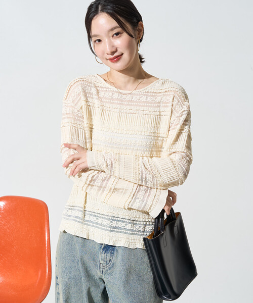 FREAK'S STORE(フリークスストア)の「限定展開 フラワー フリル ボーダー レース トップス(Tシャツ/カットソー・レディース・ブラック/オフホワイト・フリ-)」の12枚目の写真