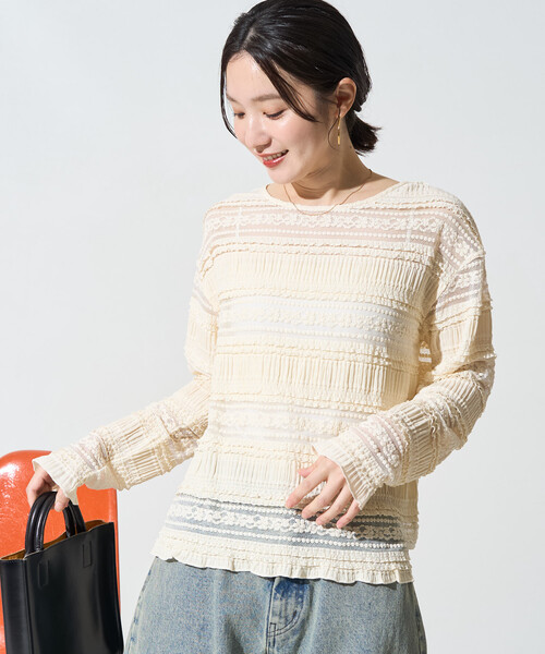 FREAK'S STORE(フリークスストア)の「限定展開 フラワー フリル ボーダー レース トップス(Tシャツ/カットソー・レディース・ブラック/オフホワイト・フリ-)」の13枚目の写真