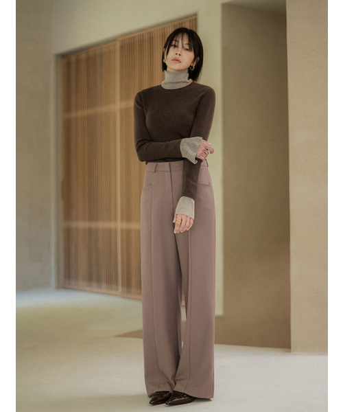 MEMUA(メムア)の「ヘイズ切り替え裏起毛ワイドスラックス(ディープベージュ)(スラックス・レディース・ダークベージュ/ブラック/ブラウン・SMALL/LARGE/MEDIUM)」の4枚目の写真