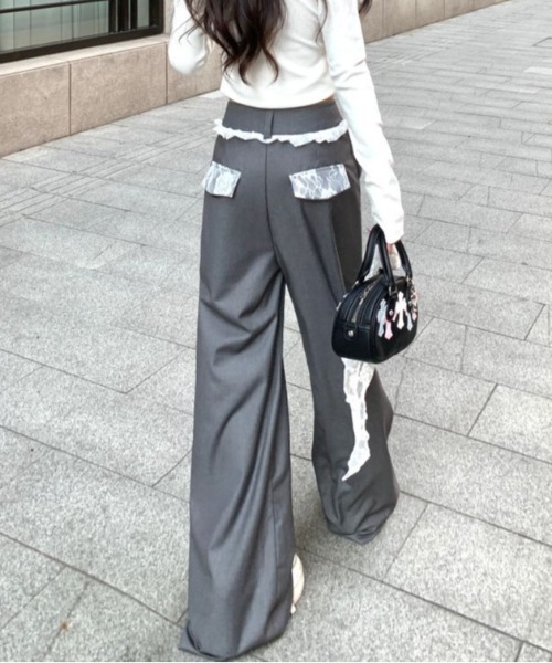 Teem Store(チームストア)の「ウエストレースフリル ドッキングワイドスラックス(スラックス・レディース・グレー/ブラック・S/M/L)」の1枚目の写真