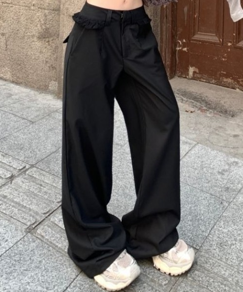 Teem Store(チームストア)の「ウエストレースフリル ドッキングワイドスラックス(スラックス・レディース・グレー/ブラック・S/M/L)」の2枚目の写真
