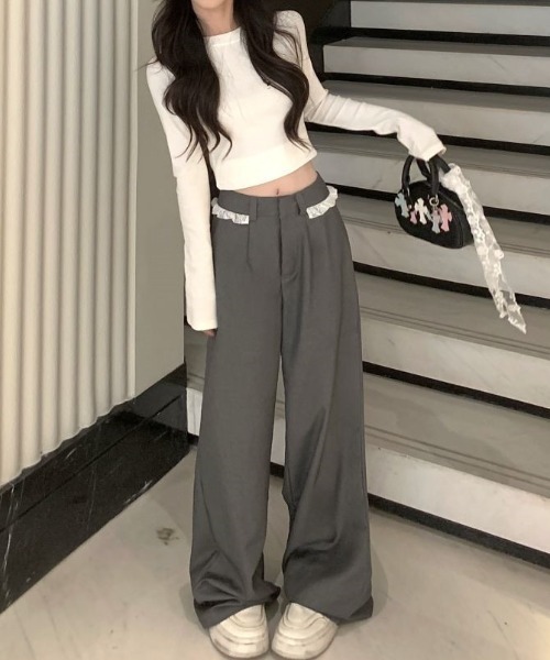 Teem Store(チームストア)の「ウエストレースフリル ドッキングワイドスラックス(スラックス・レディース・グレー/ブラック・S/M/L)」の6枚目の写真
