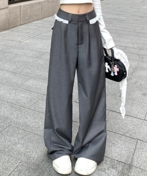 Teem Store(チームストア)の「ウエストレースフリル ドッキングワイドスラックス(スラックス・レディース・グレー/ブラック・S/M/L)」の3枚目の写真