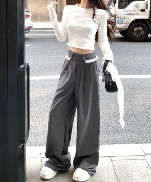 Teem Store(チームストア)の「ウエストレースフリル ドッキングワイドスラックス(スラックス・レディース・グレー/ブラック・S/M/L)」の7枚目の写真
