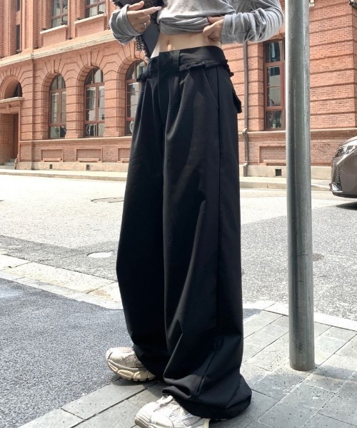 Teem Store(チームストア)の「ウエストレースフリル ドッキングワイドスラックス(スラックス・レディース・グレー/ブラック・S/M/L)」の11枚目の写真