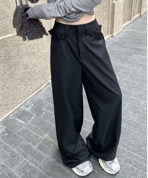 Teem Store(チームストア)の「ウエストレースフリル ドッキングワイドスラックス(スラックス・レディース・グレー/ブラック・S/M/L)」の12枚目の写真