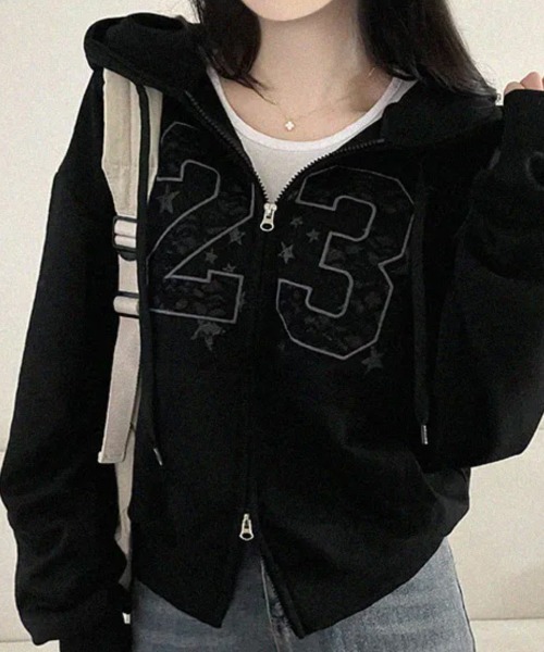 Emilie（エミリー）の「レースナンバリング ダブルジップパーカー（パーカー・レディース・グリーン/ホワイト/グレー/ブラック・FREE）」の22枚目の写真