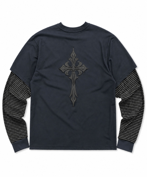 DAMISH（ダミシュ）の「クロスパフプリントレイヤードロングスリーブ_チャコール（Tシャツ/カットソー・レディース・チャコール・OS）」の6枚目の写真