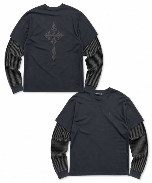 DAMISH（ダミシュ）の「クロスパフプリントレイヤードロングスリーブ_チャコール（Tシャツ/カットソー・レディース・チャコール・OS）」の8枚目の写真
