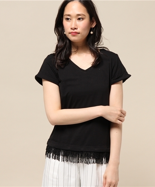 INTERPLANET WINGS(インタープラネットウィング)の「フリンジ付Vネックカットソー(Tシャツ/カットソー・レディース・ブラック/キャメル/オフホワイト・FREE)」の3枚目の写真