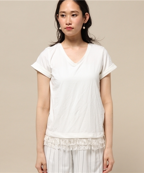 INTERPLANET WINGS(インタープラネットウィング)の「フリンジ付Vネックカットソー(Tシャツ/カットソー・レディース・ブラック/キャメル/オフホワイト・FREE)」の11枚目の写真