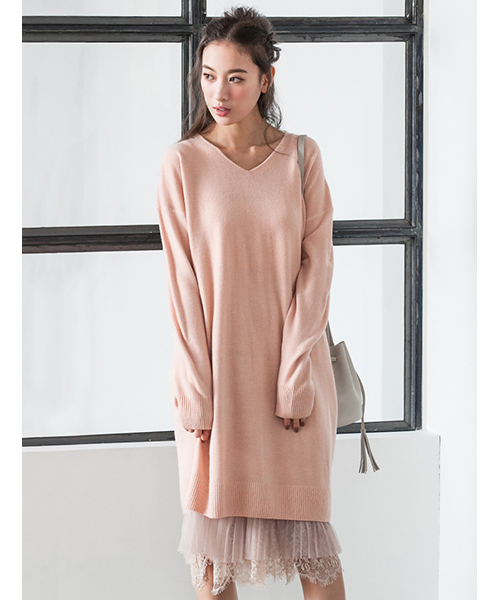 fifth（フィフス）の「プレミアムウォッシャブルVネックリブワンピース（ワンピース・レディース・ピンクベージュ/ブラック/ライトグレー・MEDIUM/LARGE）」の3枚目の写真