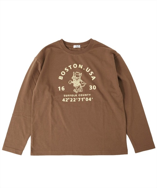 S&H（エスアンドエイチ）の「天竺・ドロップショルダープリント長袖Tシャツ（Tシャツ/カットソー・キッズ・オートミール/ブルー/ブラウン/オフホワイト/ダークグリーン/ベージュ/カーキ/グレー/グリーン/キャメル/ホワイト/サックスブルー/キナリ/パープル/アイボリー/チャコールグレー/インディゴブルー/レッド/ワインレッド/ネイビー・100cm/110cm/120cm/130cm/140cm/150cm）」の18枚目の写真