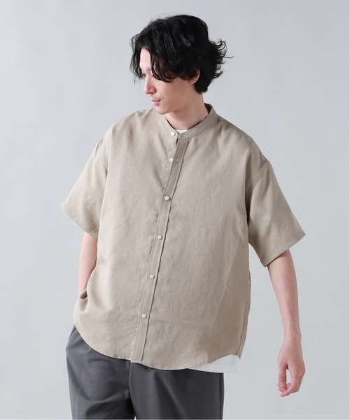 JOURNAL STANDARD（ジャーナルスタンダード）の「トリアセ バンドカラー ショートスリーブシャツ（シャツ/ブラウス・メンズ・ベージュ/タン/ブラック系その他/ベージュ系その他・SMALL/MEDIUM/LARGE）」の5枚目の写真