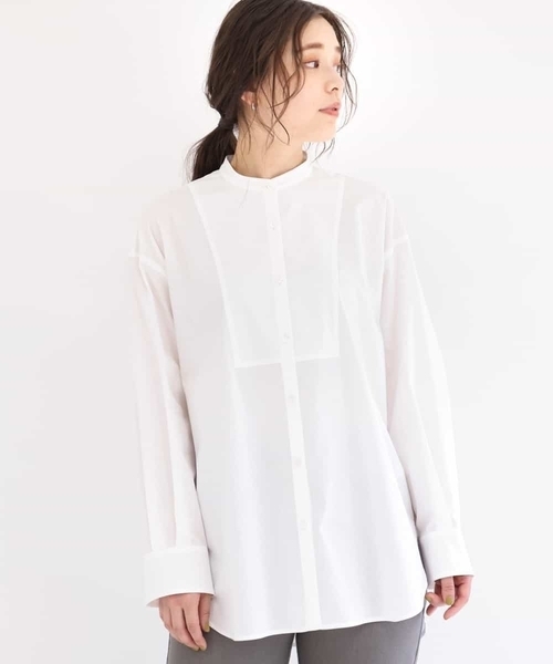 MK MICHEL KLEIN(エムケーミッシェルクラン)の「【洗える】バンドカラー シャツチュニック(シャツ/ブラウス・レディース・ホワイト/カーキ・38)」の1枚目の写真