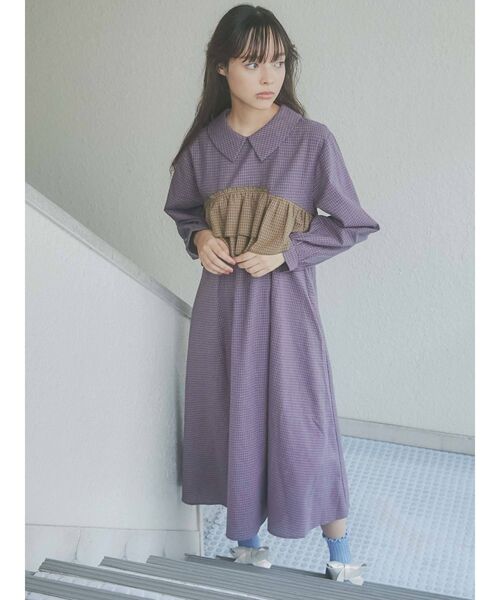 [メリージェニー] ロング ワンピース チェック フリル ガーリ 可愛い フリルカラーチェックワンピース[品番：MKSW0048964]｜merry