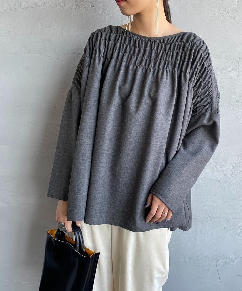 mizuiro ind ギャザーデザイン クルーネックワイドブラウス mizuiroind
