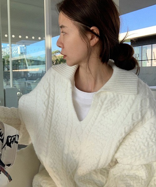 HALEY PESCA（ヘーリーペスカ）の「HALEY PESCA/オーバーシルエット Vネックニット（ニット/セーター・レディース・ホワイト/ブラック/オレンジ・FREE）」の10枚目の写真