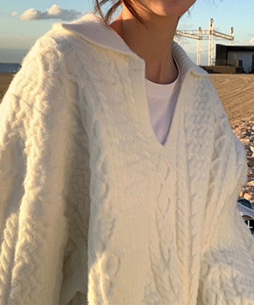 HALEY PESCA（ヘーリーペスカ）の「HALEY PESCA/オーバーシルエット Vネックニット（ニット/セーター・レディース・ホワイト/ブラック/オレンジ・FREE）」の7枚目の写真