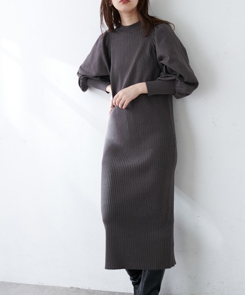 natural couture(ナチュラルクチュール)の「【WEB限定】ワイドリブボリューム袖ニットワンピース(ワンピース・レディース・チャコールグレー/ブラウン/オフホワイト/グリーン・FREE)」の3枚目の写真