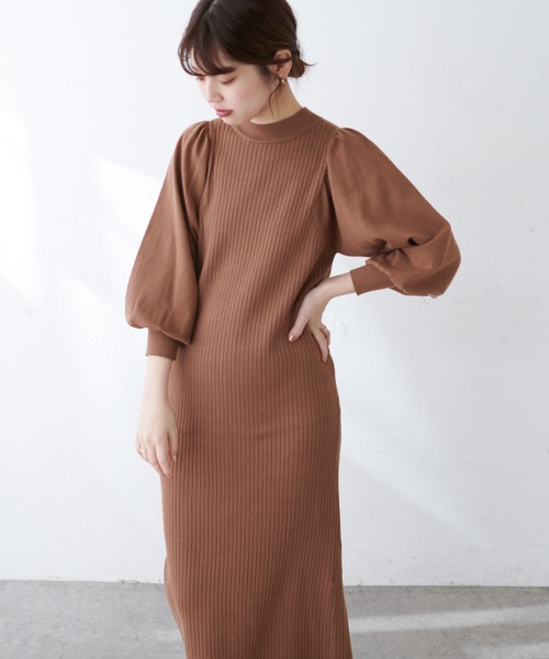 セール】【WEB限定】ワイドリブボリューム袖ニットワンピース