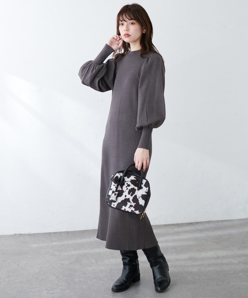 セール】【WEB限定】ワイドリブボリューム袖ニットワンピース