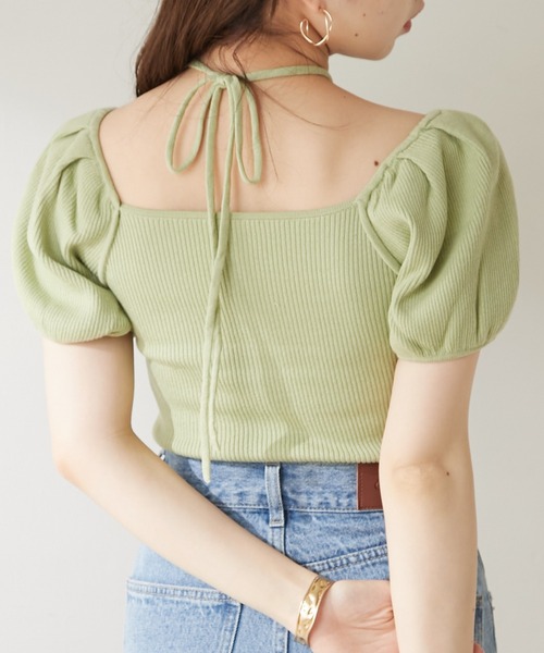 Chico（チコ）の「ホルターリボン付きパフチビニット（ニット/セーター・レディース・ホワイト/ミント/ブラック/ピンク・FREE）」の3枚目の写真