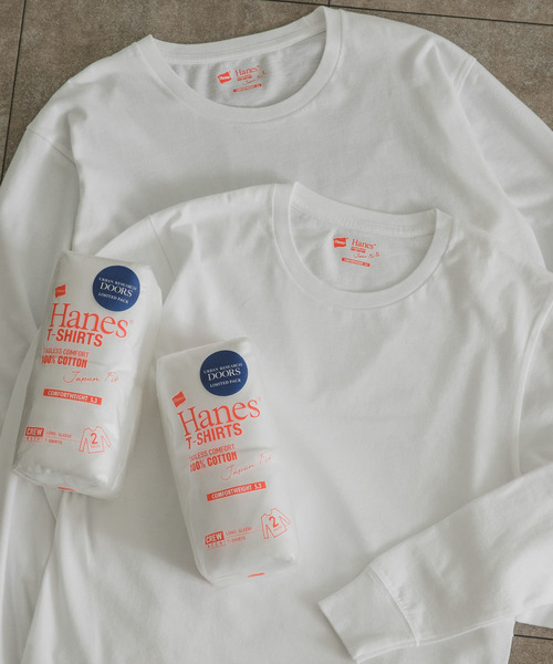 HANES（ヘインズ）の「『別注』Hanes×DOORS　2P Japan Fit LONG-SLEEVE T-SHIRTS（Tシャツ/カットソー・メンズ・ホワイト・MEDIUM/LARGE/X-LARGE）」の3枚目の写真