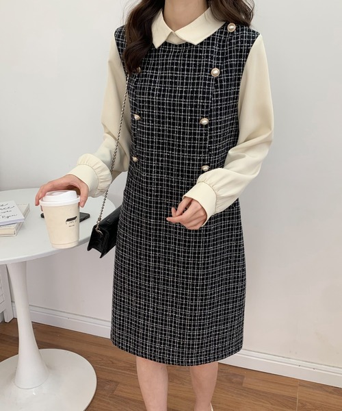 ABITOKYO(アビトーキョー)の「パールボタン異素材ドッキングミモレ丈ツイードワンピース(ワンピース・レディース・ブラック/ホワイト・FREE)」の2枚目の写真