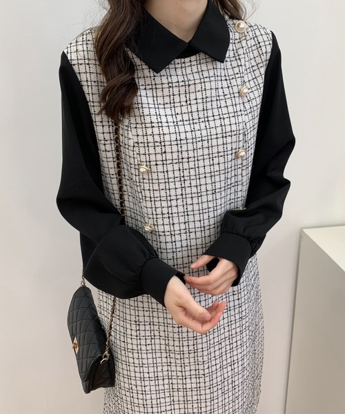 ABITOKYO(アビトーキョー)の「パールボタン異素材ドッキングミモレ丈ツイードワンピース(ワンピース・レディース・ブラック/ホワイト・FREE)」の6枚目の写真