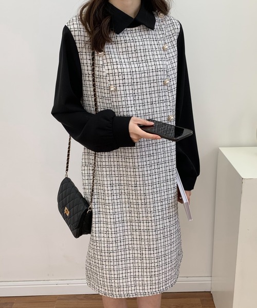 ABITOKYO(アビトーキョー)の「パールボタン異素材ドッキングミモレ丈ツイードワンピース(ワンピース・レディース・ブラック/ホワイト・FREE)」の15枚目の写真