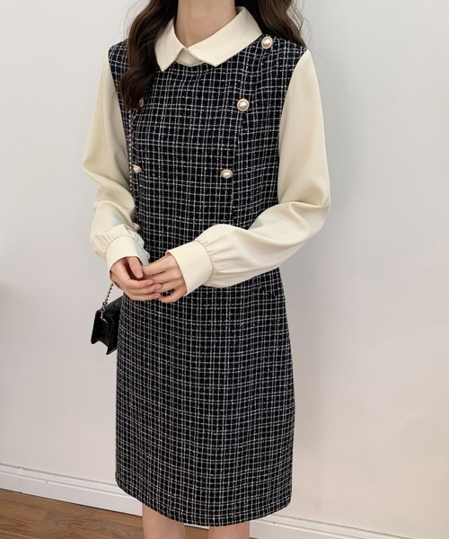 ABITOKYO(アビトーキョー)の「パールボタン異素材ドッキングミモレ丈ツイードワンピース(ワンピース・レディース・ブラック/ホワイト・FREE)」の5枚目の写真