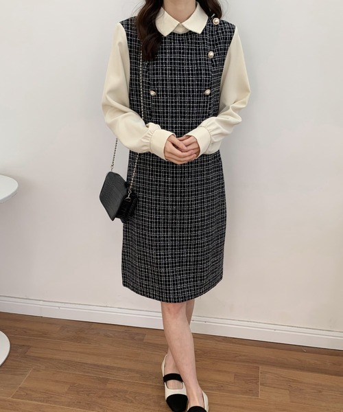 ABITOKYO(アビトーキョー)の「パールボタン異素材ドッキングミモレ丈ツイードワンピース(ワンピース・レディース・ブラック/ホワイト・FREE)」の3枚目の写真