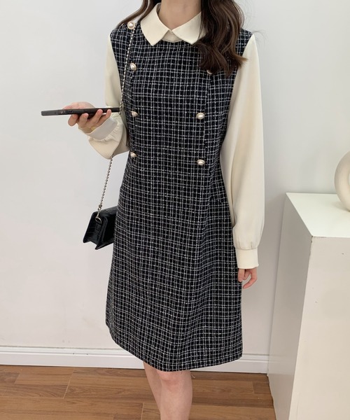 ABITOKYO(アビトーキョー)の「パールボタン異素材ドッキングミモレ丈ツイードワンピース(ワンピース・レディース・ブラック/ホワイト・FREE)」の16枚目の写真