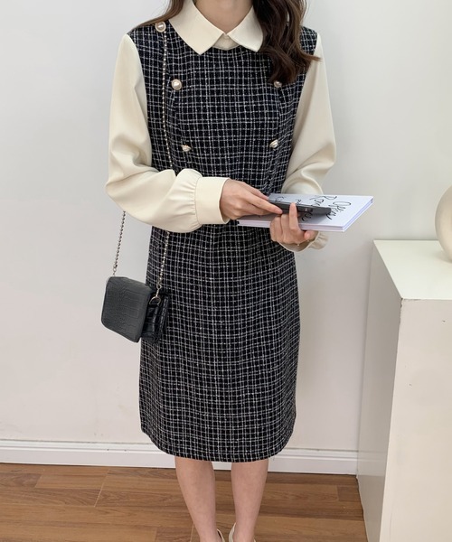 ABITOKYO(アビトーキョー)の「パールボタン異素材ドッキングミモレ丈ツイードワンピース(ワンピース・レディース・ブラック/ホワイト・FREE)」の14枚目の写真