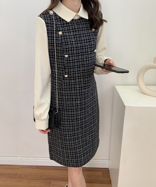 ABITOKYO(アビトーキョー)の「パールボタン異素材ドッキングミモレ丈ツイードワンピース(ワンピース・レディース・ブラック/ホワイト・FREE)」の8枚目の写真
