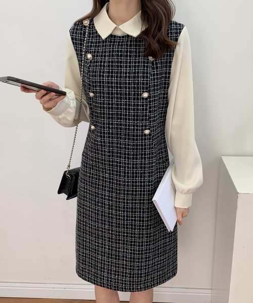 ABITOKYO(アビトーキョー)の「パールボタン異素材ドッキングミモレ丈ツイードワンピース(ワンピース・レディース・ブラック/ホワイト・FREE)」の12枚目の写真