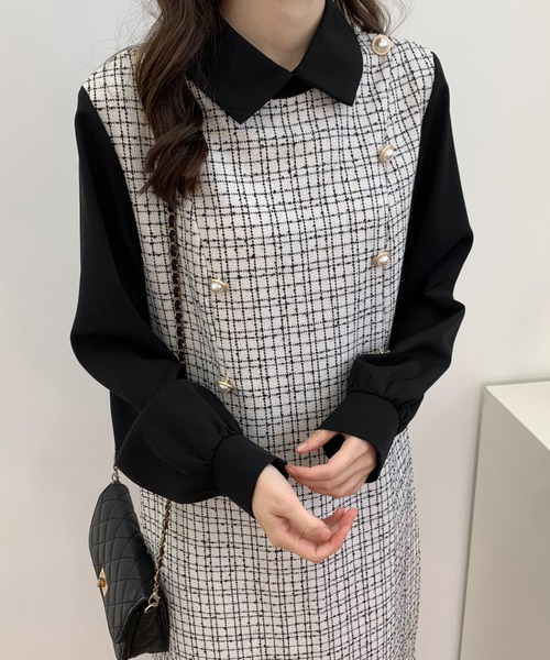 ABITOKYO(アビトーキョー)の「パールボタン異素材ドッキングミモレ丈ツイードワンピース(ワンピース・レディース・ブラック/ホワイト・FREE)」の13枚目の写真