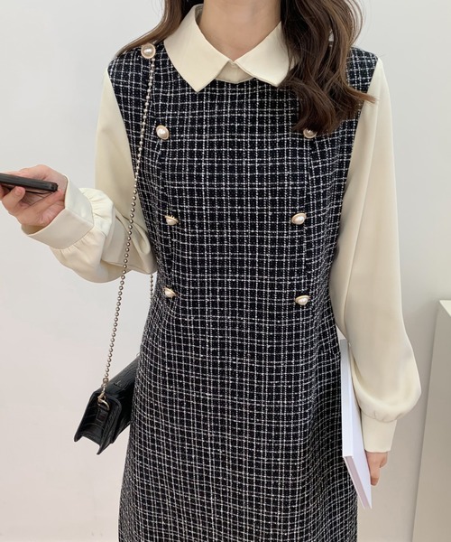 ABITOKYO(アビトーキョー)の「パールボタン異素材ドッキングミモレ丈ツイードワンピース(ワンピース・レディース・ブラック/ホワイト・FREE)」の7枚目の写真