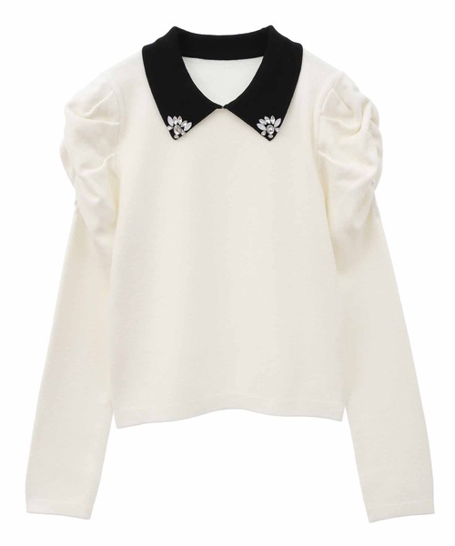 31 Sons de mode（トランテアン　ソン　ドゥ　モード）の「ボタンビジューニット（ニット/セーター・レディース・ブラック/オフホワイト/ローズ・36）」の2枚目の写真