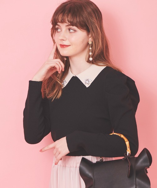 31 Sons de mode（トランテアン　ソン　ドゥ　モード）の「ボタンビジューニット（ニット/セーター・レディース・ブラック/オフホワイト/ローズ・36）」の9枚目の写真