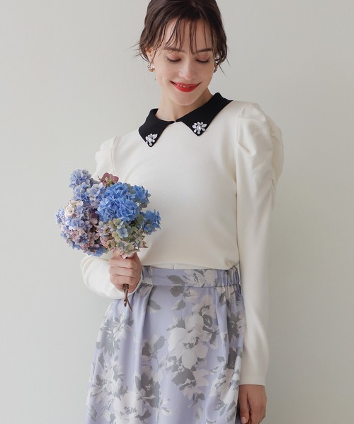 31 Sons de mode（トランテアン　ソン　ドゥ　モード）の「ボタンビジューニット（ニット/セーター・レディース・ブラック/オフホワイト/ローズ・36）」の7枚目の写真