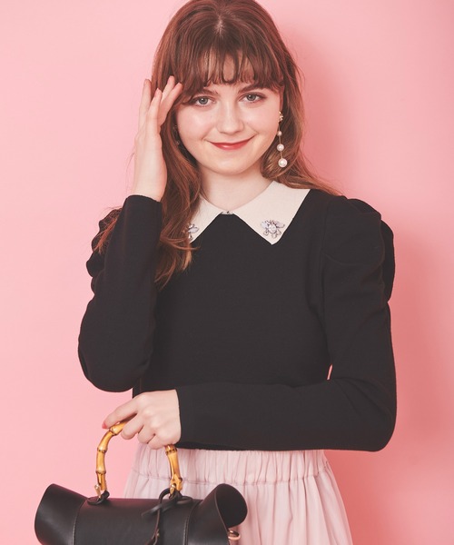 31 Sons de mode（トランテアン　ソン　ドゥ　モード）の「ボタンビジューニット（ニット/セーター・レディース・ブラック/オフホワイト/ローズ・36）」の6枚目の写真