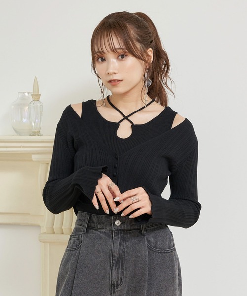 earth music&ecology（アースミュージックアンドエコロジー）の「SET2点ショートカーディガン+レイヤードタンク（カーディガン/ボレロ・レディース・ブルー/ブラック/アイボリー・FREE）」の2枚目の写真
