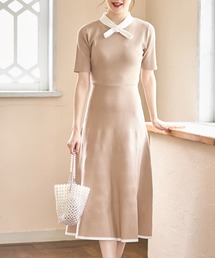 パール付きボウタイリボン配色ニットワンピース