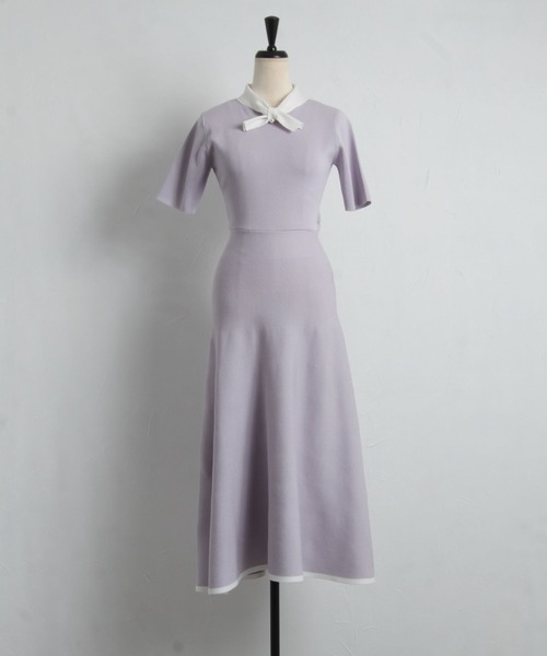 tocco closet（トッコ　クローゼット）の「パール付きボウタイリボン配色ニットワンピース（ワンピース・レディース・ブラック/ベージュ/ネイビー/ラベンダー・M）」の18枚目の写真