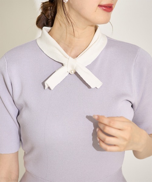 tocco closet（トッコ　クローゼット）の「パール付きボウタイリボン配色ニットワンピース（ワンピース・レディース・ブラック/ベージュ/ネイビー/ラベンダー・M）」の14枚目の写真